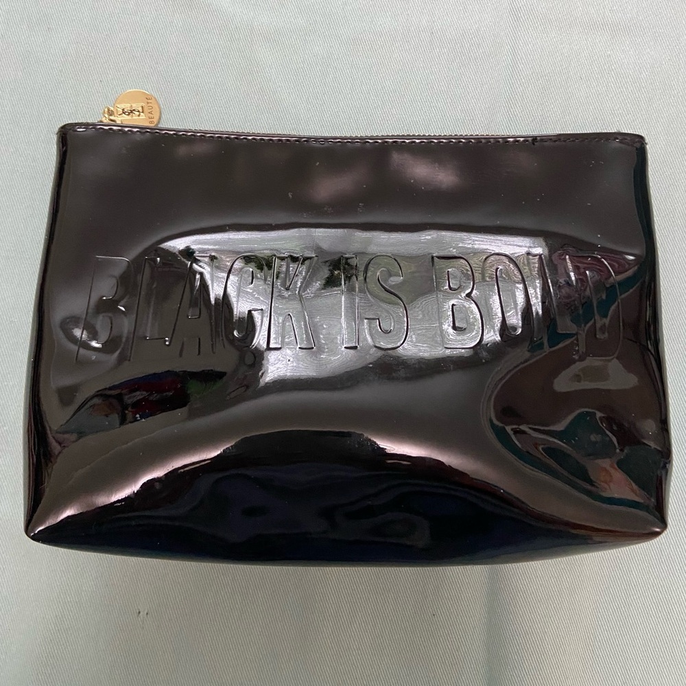 YSL Yves Saint Laurent Patent Black Makeup Cosmetics Bag “ BLACK IS BOLD” Gold